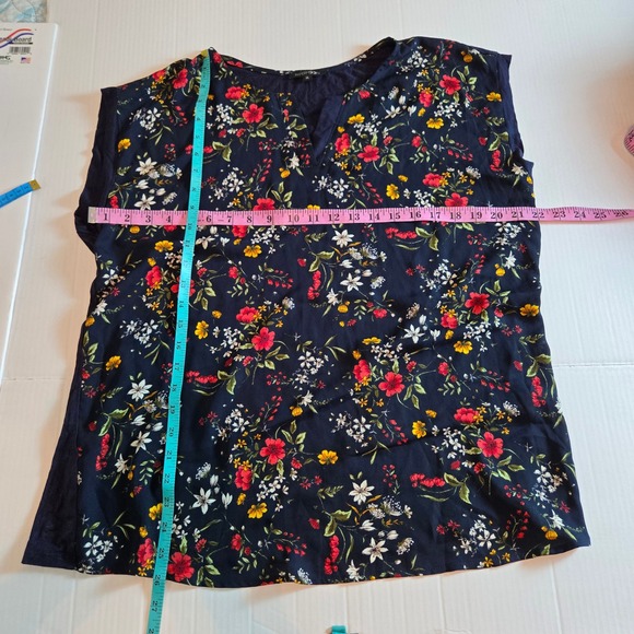 Papermoon Womens Blouse Navy Blue XL Floral Mixed Media Split V-Neck Cap Sleeve - Picture 7 of 7